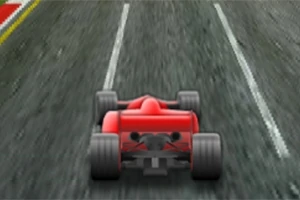 Mașină de curse roșie văzută din spate, pe o pistă cu linii albe