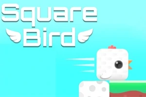 Un păsăroi cubic alb zboară în fața unui fundal albastru cu textul Square Bird scris alături