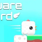 Un păsăroi cubic alb zboară în fața unui fundal albastru cu textul Square Bird scris alături