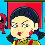Desen animat cu o păpușă în centru, având ochii roșii și sânge pe față, flancată de două personaje mascate în costume roșii și portocalii, cu simboluri geometrice pe măști