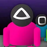 Personaje stilizate cu forme geometrice pe fețe, îmbrăcate în costume roz, albastru și verde, pe un fundal mov închis