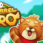 Un panda roșu animat, zâmbitor, cu o eșarfă roșie în jurul gâtului, pe fundalul unui peisaj verde cu logo-ul Squirrel Hero alături