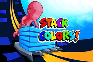 Un personaj stilizat transportă un teanc de plăci albastre pe un drum curbat, cu un text colorat „Stack Colors!