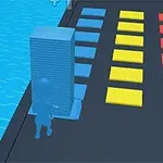 Un personaj stilizat transportă un teanc de plăci albastre pe un drum curbat, cu un text colorat „Stack Colors!