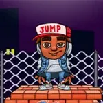 Personaj stilizat cu șapcă inscripționată JUMP, stând pe un zid de cărămidă, pe fundal de oraș noaptea