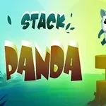 Scris colorat STACK PANDA cu un panda stilizat și cilindri galbeni pe un fundal colorat