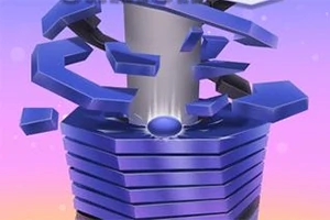 Coloane și platforme albastre plutind în jurul unei coloane cilindrice pe un fundal gradient roz-violet