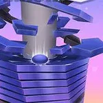 Coloane și platforme albastre plutind în jurul unei coloane cilindrice pe un fundal gradient roz-violet