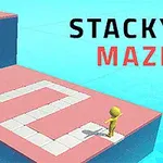 Personaj galben stând pe o platformă roz cu un traseu alb și textul Stacky Maze în partea dreaptă sus