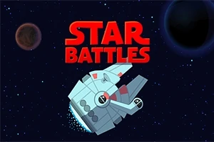 O navă spațială stilizată călătorește prin spațiu, având două planete în fundal și textul Star Battles deasupra