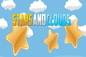 Cer albastru cu stele aurii și nori albi pufoși, cu text colorat Stars and Clouds