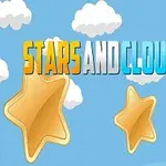 Cer albastru cu stele aurii și nori albi pufoși, cu text colorat Stars and Clouds