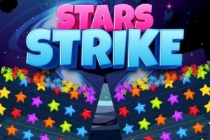 Textul Stars Strike în culori roz și albastru deasupra stelelor multicolore pe un fundal cosmic