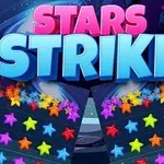 Textul Stars Strike în culori roz și albastru deasupra stelelor multicolore pe un fundal cosmic