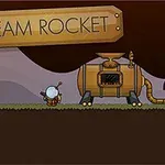 O rachetă cu aburi și un personaj mic cu cască stau pe iarbă lângă un semn pe care scrie Steam Rocket