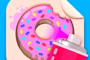 Un donut roz decorat cu bombonele colorate, pe un fundal albastru, alături de un spray roz
