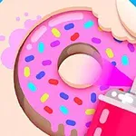Un donut roz decorat cu bombonele colorate, pe un fundal albastru, alături de un spray roz
