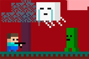 Personaj pixelat cu unelte confruntă creaturi cubice în decor retro cu fundal roșu și un copac