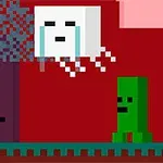 Personaj pixelat cu unelte confruntă creaturi cubice în decor retro cu fundal roșu și un copac