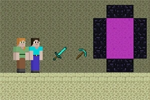 Două personaje pixelate stând lângă o sabie, un târnăcop și un portal mare violet înconjurat de blocuri negre
