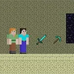 Două personaje pixelate stând lângă o sabie, un târnăcop și un portal mare violet înconjurat de blocuri negre