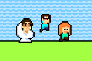 Trei personaje pixelate pe un fundal albastru cu valuri și o suprafață verde, cu un personaj sărind între altele două