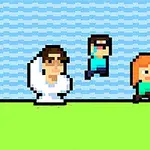 Trei personaje pixelate pe un fundal albastru cu valuri și o suprafață verde, cu un personaj sărind între altele două