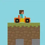 Personaj pixelat conducând un vehicul portocaliu pe un teren cu margine verde, pe fundal albastru deschis