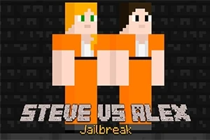 Două personaje stil pixeli în costume portocalii de prizonier pe un fundal negru, cu textul Steve vs Alex Jailbreak dedesubt