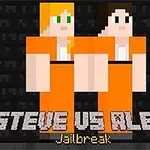 Două personaje stil pixeli în costume portocalii de prizonier pe un fundal negru, cu textul Steve vs Alex Jailbreak dedesubt