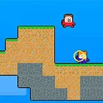 Personaje pixelate pe un teren platformă, unul îmbrăcat în roșu și altul cu echipament galben, pe un fundal albastru