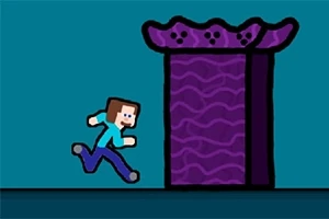Personaj stilizat alergând către o poartă mare și violet pe un fundal albastru