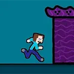Personaj stilizat alergând către o poartă mare și violet pe un fundal albastru