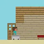 Un personaj pixelat lângă o clădire din lemn, cu un cer senin și câțiva cactuși în depărtare