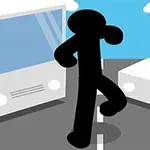 Siluetă de persoană stilizată trecând strada între două vehicule, pe un fundal albastru cu nori