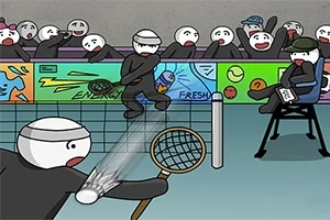 Desen animat cu personaje care joacă un meci de tenis, cu un arbitru și spectatori în fundal
