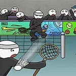 Desen animat cu personaje care joacă un meci de tenis, cu un arbitru și spectatori în fundal