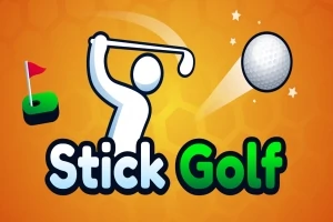 Un personaj stilizat lovind o minge de golf cu un steag și textul Stick Golf pe un fundal portocaliu