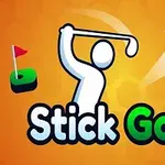 Un personaj stilizat lovind o minge de golf cu un steag și textul Stick Golf pe un fundal portocaliu