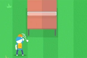 Un personaj stilizat aruncă o minge către o masă de joc rotundă, pe un fundal verde
