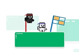 Două personaje pixelate cu bentițe colorate pe o platformă verde, lângă un steag cu pătrate albastre și portocalii