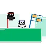 Două personaje pixelate cu bentițe colorate pe o platformă verde, lângă un steag cu pătrate albastre și portocalii