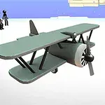 Avion biplan cu manechine negre stil stickman în fundal, pe un fundal deschis