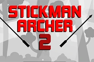 Text roșu Stickman Archer 2 pe un fundal de pădure stilizat, cu săgeți negre