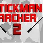 Text roșu Stickman Archer 2 pe un fundal de pădure stilizat, cu săgeți negre