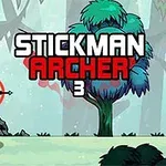Un omuleț stilizat ținând un arc, cu titlul Stickman Archer 3 pe un fundal de pădure animată