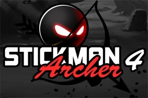 Un personaj stickman cu ochi luminoși și o siluetă de arc este însoțit de textul Stickman Archer 4
