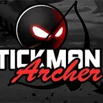 Un personaj stickman cu ochi luminoși și o siluetă de arc este însoțit de textul Stickman Archer 4