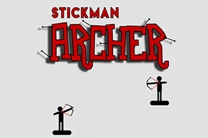 Siluetă de stickman cu arc și săgeată pe un fundal gri, cu textul Stickman Archer deasupra