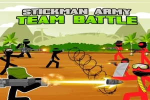Figuri stilizate de stickman negre și roșii luptându-se pe un câmp cu sârmă ghimpată și vegetație în fundal